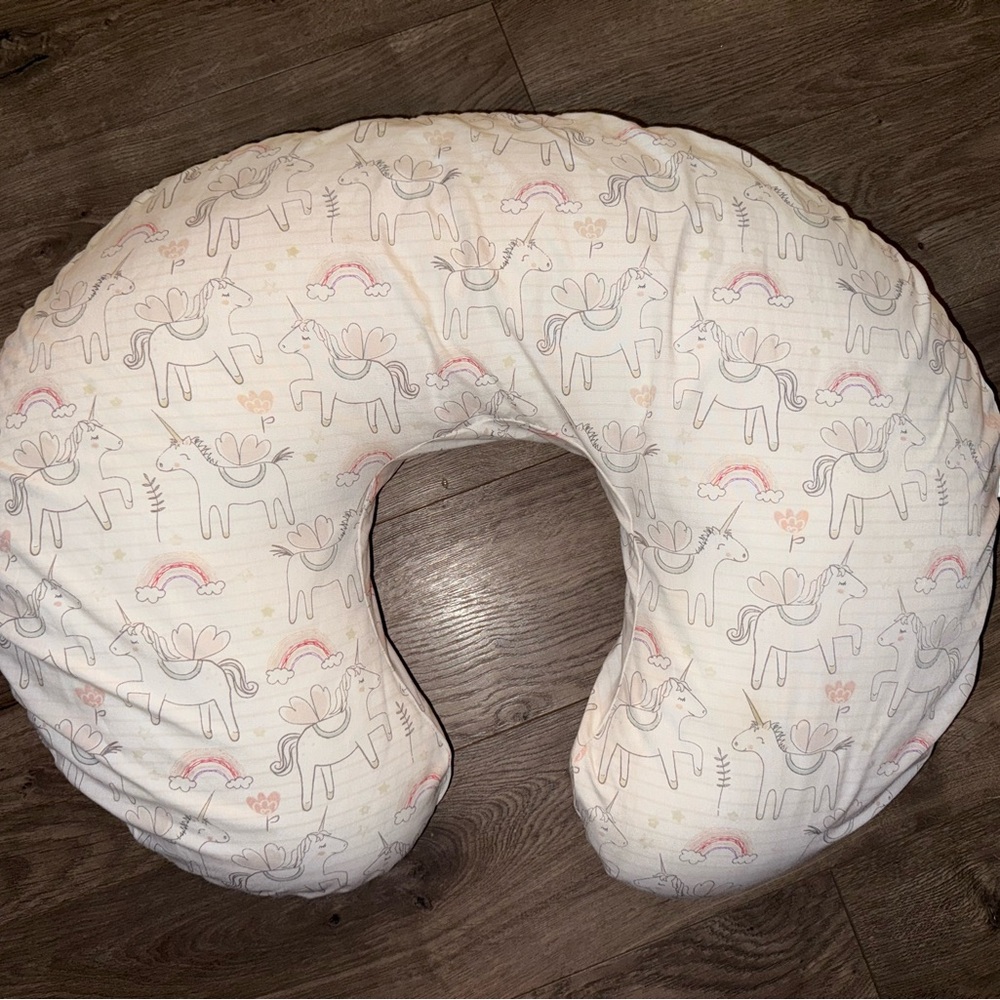 Boppy Pillow with Unicorn and Rainbow Design - Cream and Pink